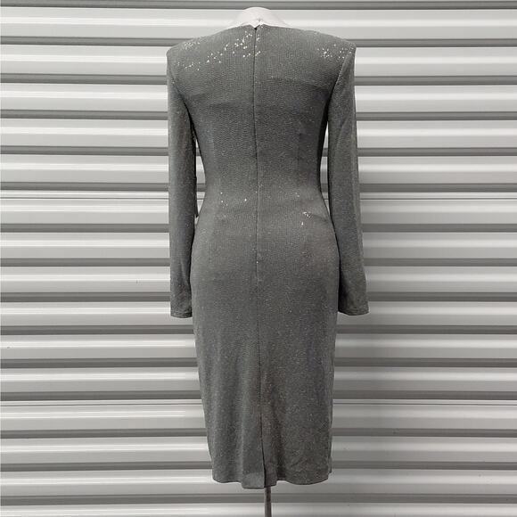 Vince Camuto Womens Cocktail Dress Size 2 Silver Metallic Sequin Long Sleeve - Picture 2 of 13